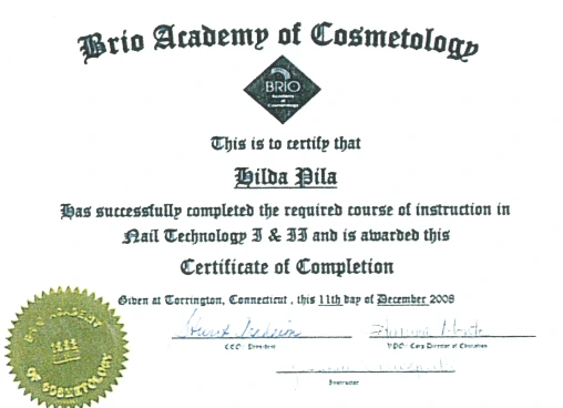 Professional certification — True Bliss Nails and Spa